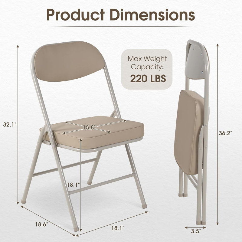 Chaises pliantes avec coussin, ensemble de 4 chaises pliantes rembourrées avec structure en métal durable, aucun assemblage requis pour la fête et la maison beige