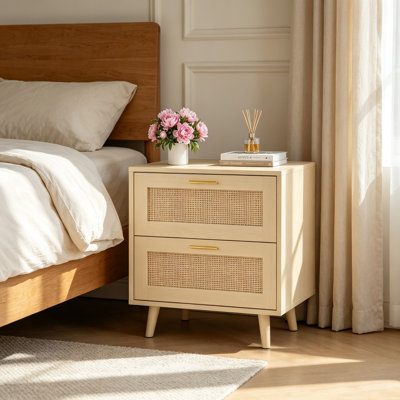 Table de chevet 2 tiroirs en rotin avec station de charge intégrée, rangement, table de chevet de style campagnard avec ensemble anti-basculement pour chambre à coucher