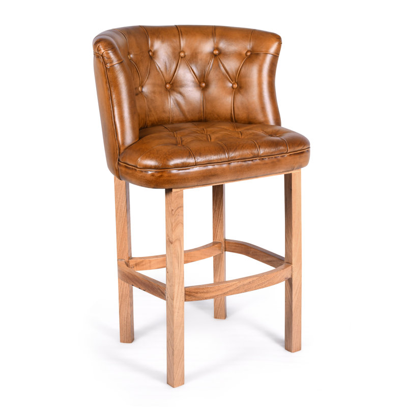 Genuine Real Leather Buttoned Backed Brown Tan Kitchen Pub Café Breakfast Bar Stool Solid Wooden Frame Fully Assembled