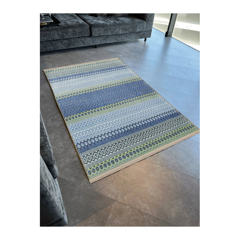 Blue Themed Stripe Geometric Patterned Fringed Vintage Decorative Carpet, Round 3'4"