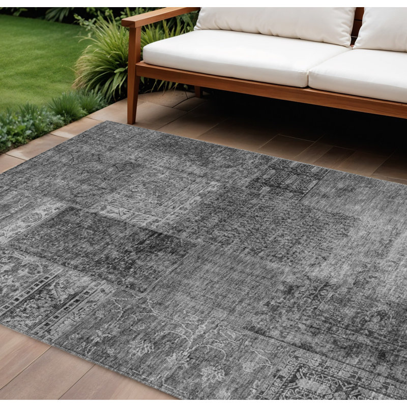 Tapis extérieur lavable gris anthracite et argent 9 pi x 12 pi Patchwork