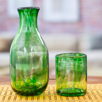  Glass Carafe and Cup Set Green Handblown