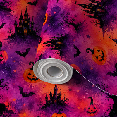 Rouleau de papier peint auto-adhésif pour famille et locataires, Halloween Castle O Lantern, Haunted Bats