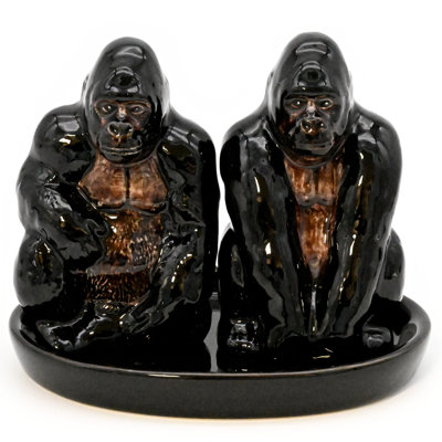 SALT AND PEPPER SHAKER Gorilla and black ceramic tray