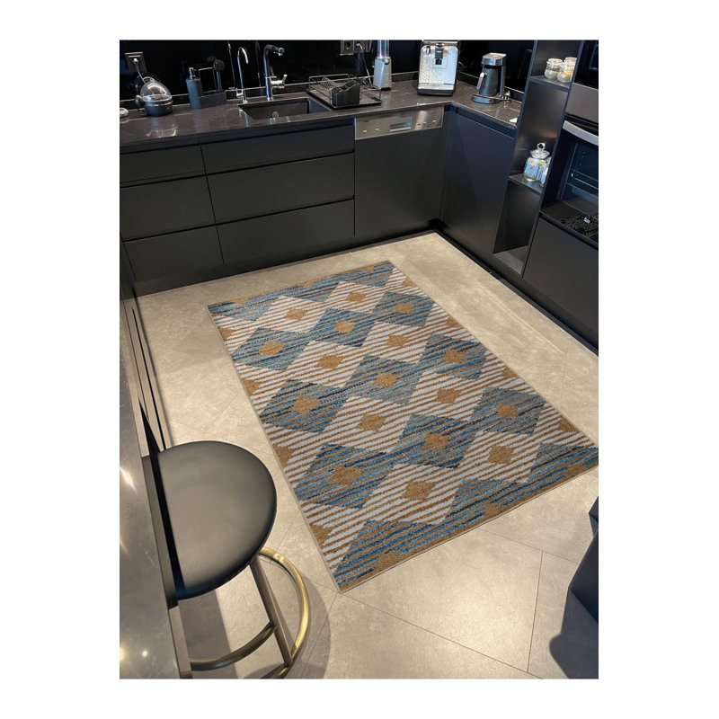 Tapis décoratif géométrique bleu à motif géométrique lavable à la machine, Sous-tapis rectangulaire de 3 pi 3 po x 4 pi 11 po