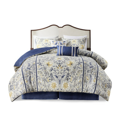 Multi King 6 Piece Comforter - 100% Cotton Botanical Print In Yellow & Blue Bedding Warm Bedroom Ambience