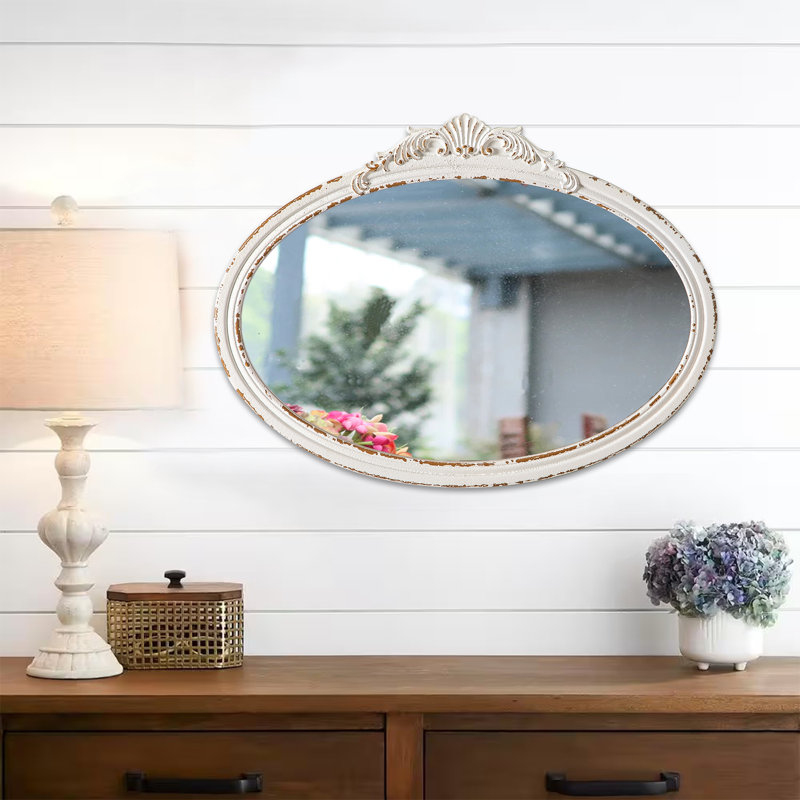 Matsumoto Oval Antique Arendahl Mirror for Wall 18 x 24 Inch, Distressed White Wood Frame Mirror with Flower Carved