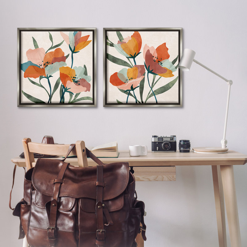 «Summer Bouquet», ensemble de 2 toiles flottantes encadrées dorées par Nina Blue, Cadre flottant gris lustré