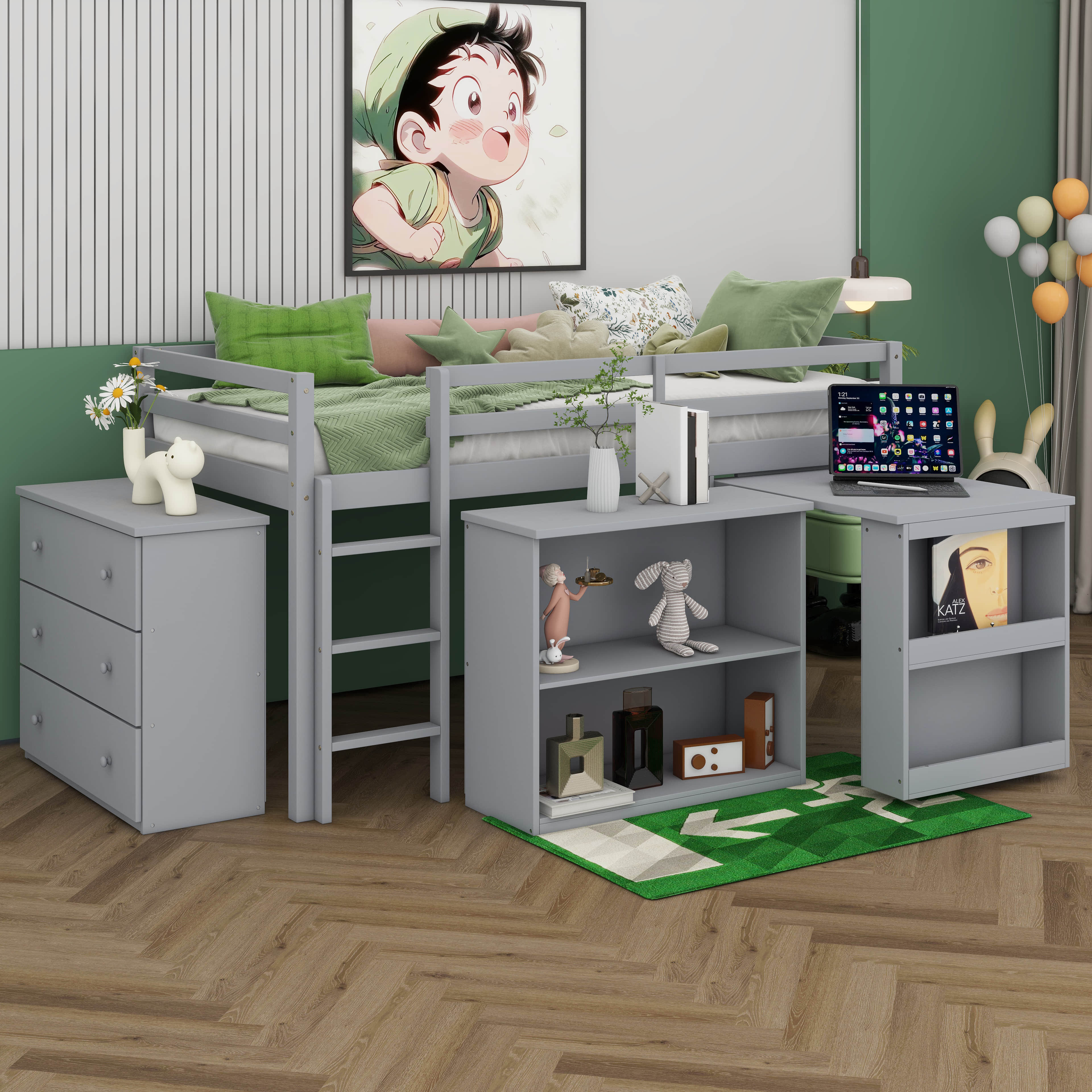 Latitude Run® Twin Loft Bed With Drawers & Rolling Out Desk, Rubber ...