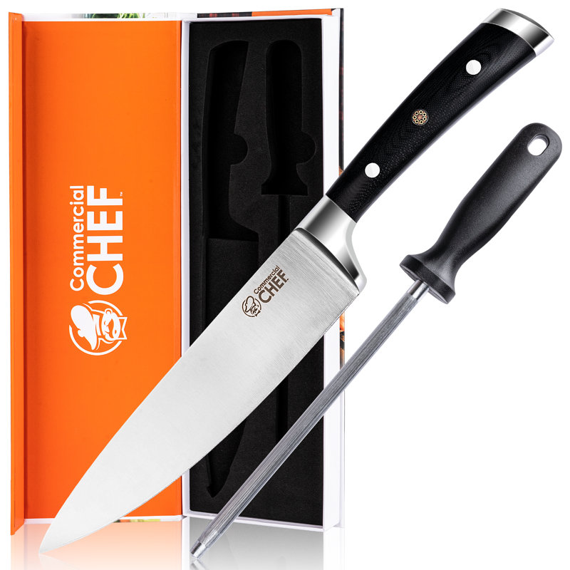 Lame commerciale de 8 pouces avec poignée G10 et aiguiseur de couteaux en acier commercial - triple rivet en acier inoxydable, couteau de cuisine japonais