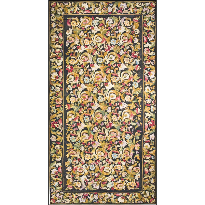 European Floral Design Black Antique Oversize Flat Woven French Needlepoint Rug