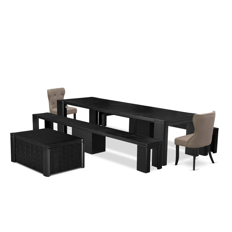 Ensemble de table de salle à manger 6 pièces comprenant une table de salle à manger rectangulaire avec une table basse et 2 bancs en bois, 2 chaises en tissu de lin, noir brossé