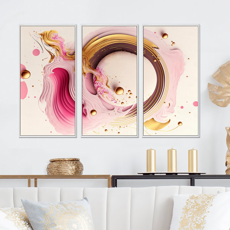 «Pink Watercolor Circular Abstract III», ensemble d'art mural moderne sur toile, H 32 po x l 48 po x P 1 po, Cadre blanc
