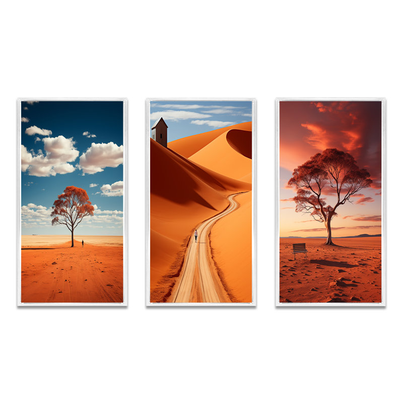 «Australie Red Centre Solitude», 3 pièces sur toile, H 20 po x l 36 po, Cadre flottant blanc