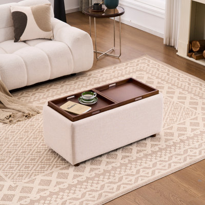 Repose-pieds rectangulaire avec rangement de 35 po avec plateau, table basse avec rangement, grand tabouret rembourré avec plateau amovible pour le salon