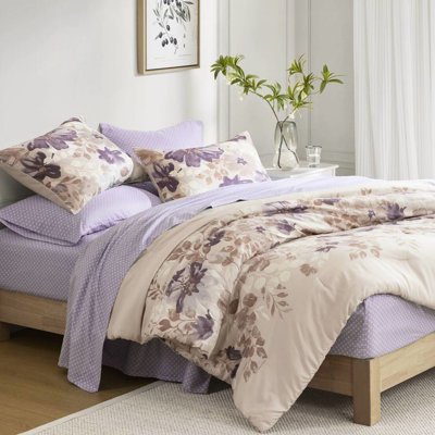 Édredon pleine grandeur à motif floral taupe et drap de lit, dans un sac avec 2 taies décoratives, 1 drap plat, taies d'oreiller ajustées, imprimé en microfibre, draps rembourrés, microfibre brossée douce, lavable à la machine