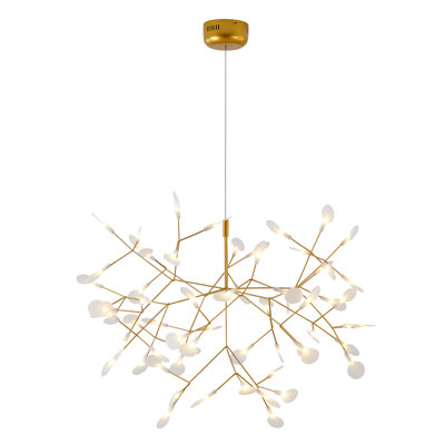 Ladora 63-light gold metal frame LED chandelier with white acrylic diffusers