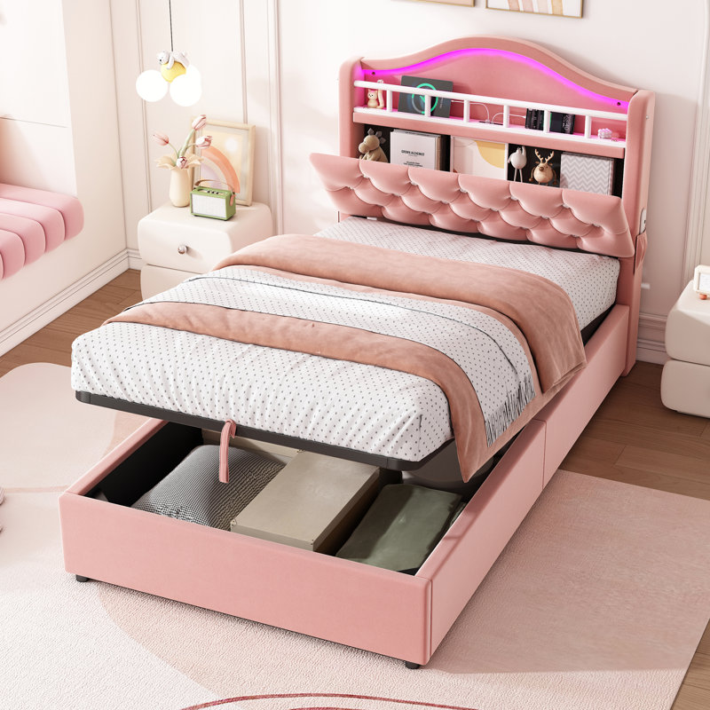 Metal Ottoman Storage Bed, Pink