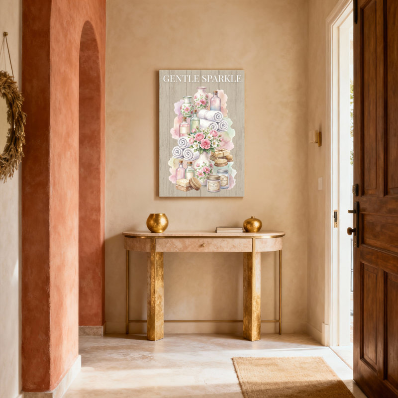 «Gentle Sparkle Floral Bath Essentials», reproduction d'art sur toile tendue sur toile, ensemble de 1, H 24 po x l 16 po