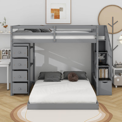 Twin Over Full Bunk Bed With 3-Layer Shelves, Drawers And Storage Stairs