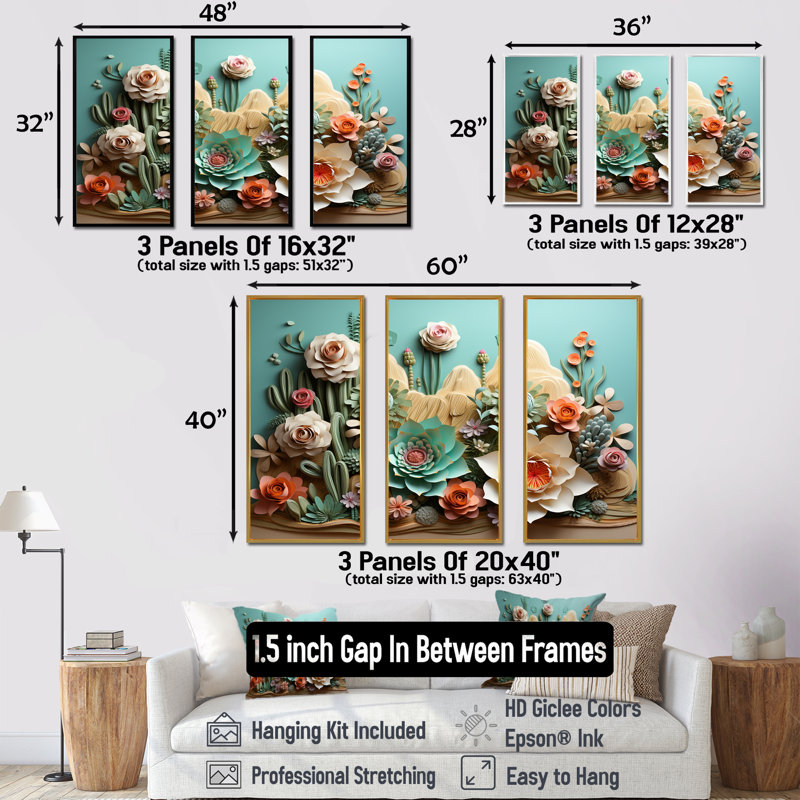 Ensemble de salon Cactus Mint Mirage - Floral Cactus Wall Art, Cadre flottant blanc, H 28 po x l 36 po x P 1 po