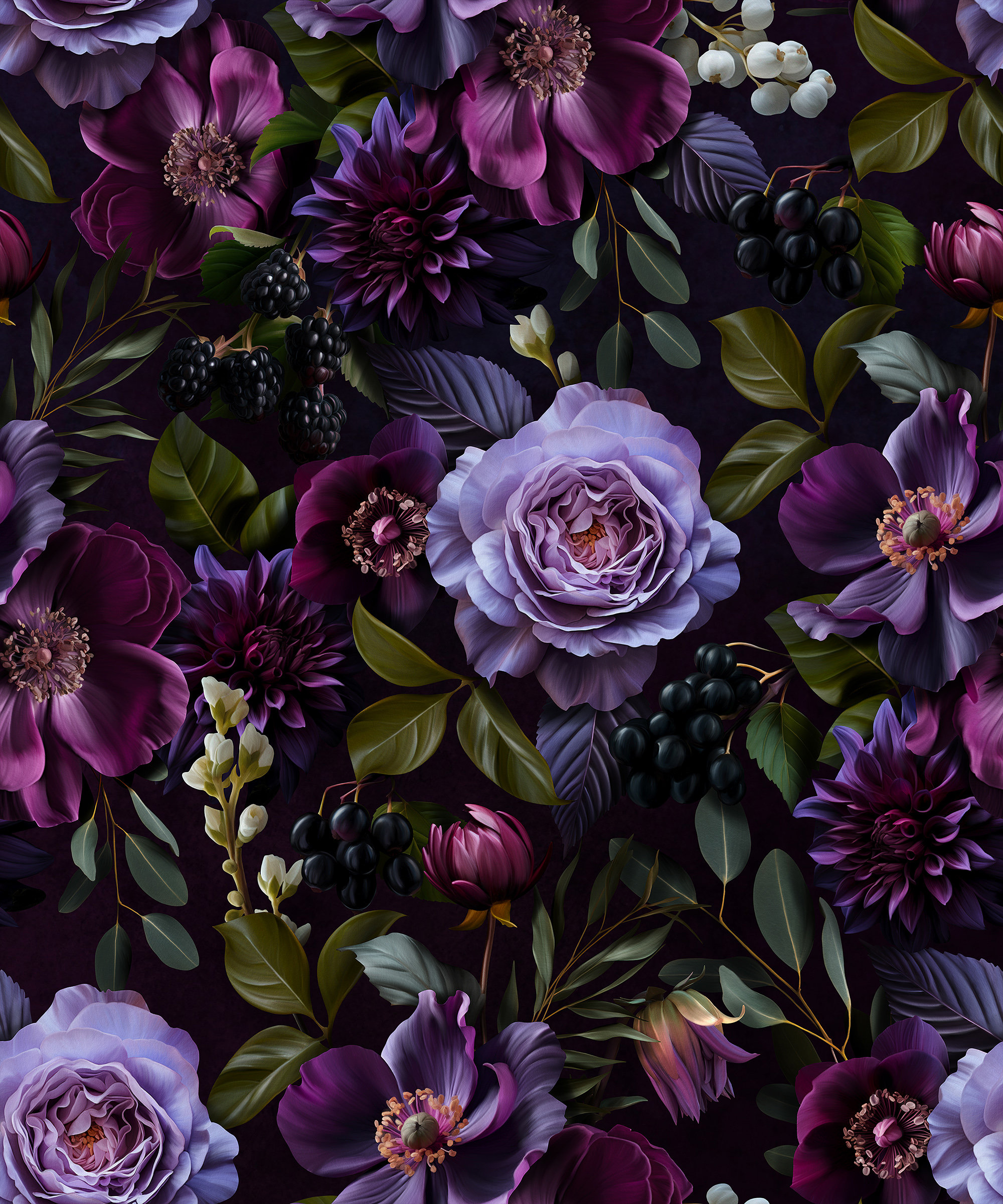 Lark Manor™ Moody Gothic Dark Floral Luxury Wallpaper Peel And Stick -  Vintage Purple Flowers On Black Background Wallpaper | Wayfair, image size:2000x2400