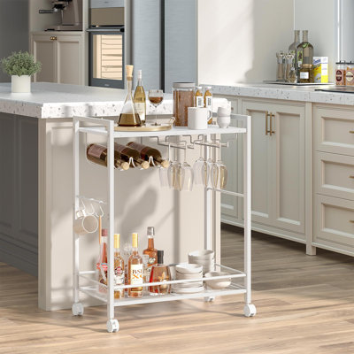2-Tier Bar Cart with Wine Rack & Glass Holder, Rolling Serving Cart with Lockable Wheels