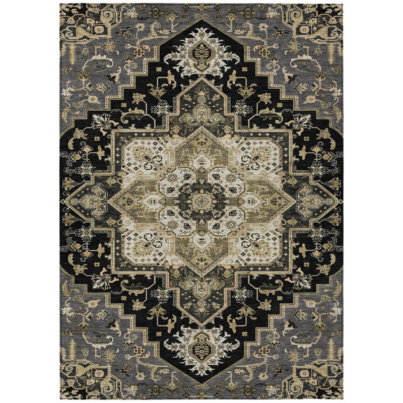 3' X 5' Black Gray And Ivory Oriental Washable Indoor Outdoor Area Rug