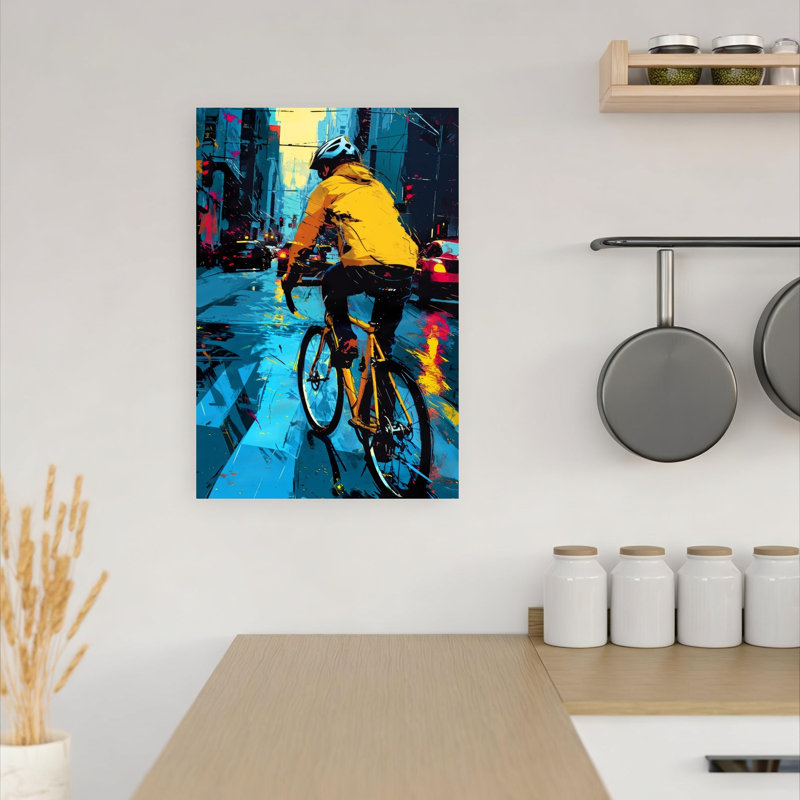 «Rainy City Cyclist Abstract Contemporary City», reproduction d'art mural, H 18 po x l 12 po
