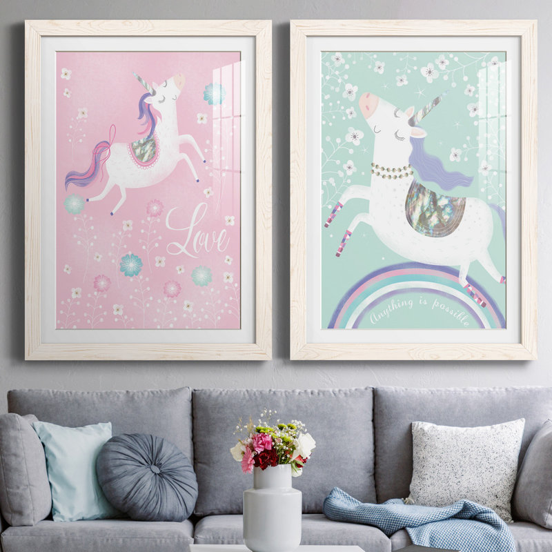 «Love Unicorn», ensemble de 2 impressions, H 31,5 po x l 47 po x P 1,5 po, Papier encadré blanc, Blanc
