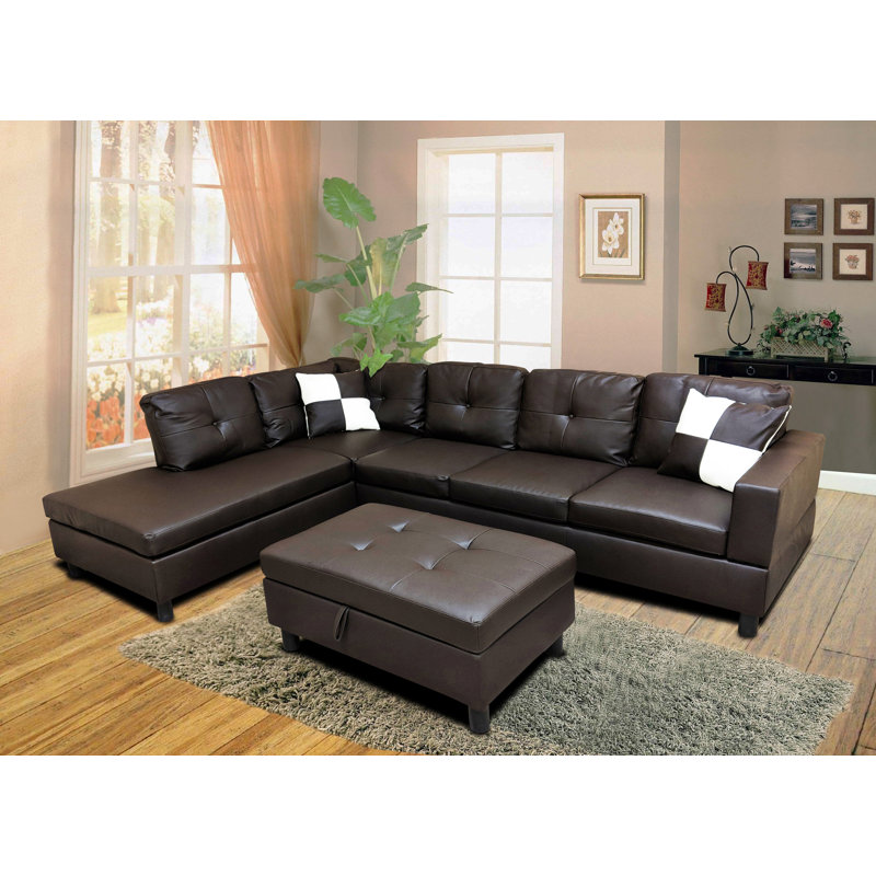 Faux Leather L-Shaped Sectional, Left Hand Facing, Espresso Faux Leather