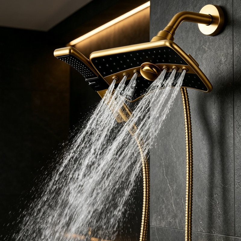 2.5 GPM High Pressure Dual Shower Head Combo, Spray Settings, 60" Stainless Steel Hose, Brushed Gold