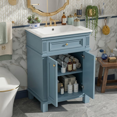 Meuble-lavabo bleu 24 po avec lavabo en céramique, 2 portes à fermeture douce et tablette réglable