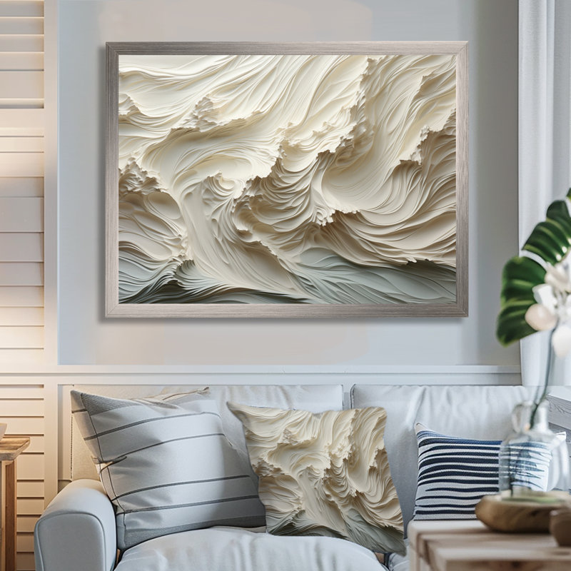 «White and Blue Wave Papercut Style II» - art mural vagues côtières, H 24 po x l 32 po x P 1 po, Silver Floater Framed