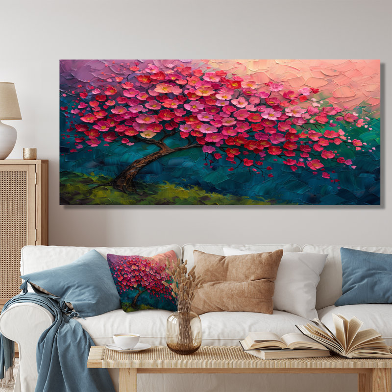 Arbre de vie rose rose et bleu vibrant - art mural cerisier en fleurs, Toile tendue, H 12 po x l 20 po