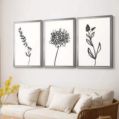 Ink Botanical Sketch IX  -Custom Framed  Wrapped Gallery Canvas - 3 Pieces