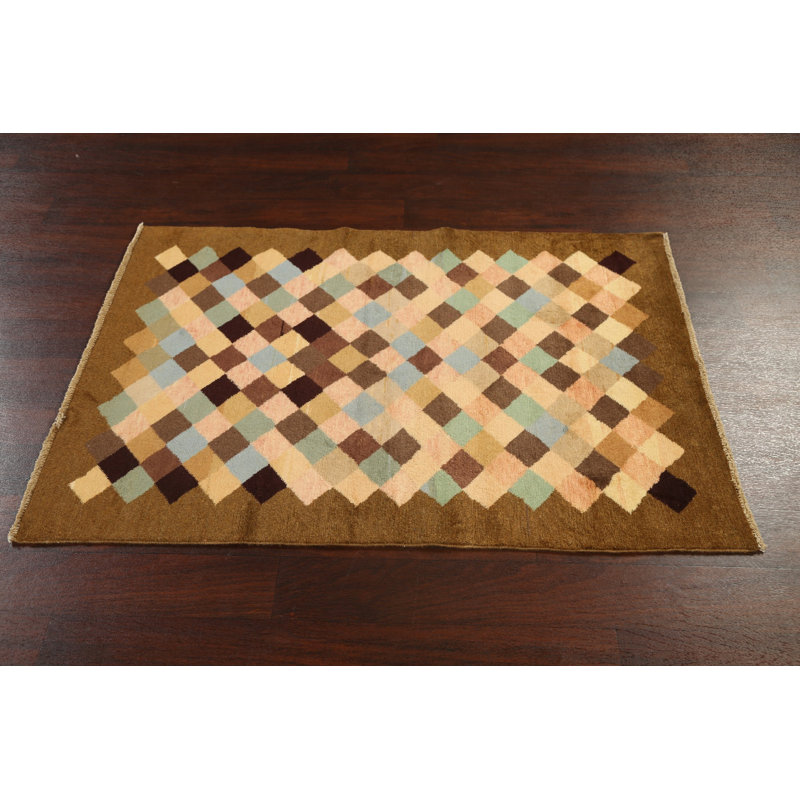 Tapis bleu / brun en laine noué à la main de conception unique 3 pi 2 po x 4 pi 7 po New Age