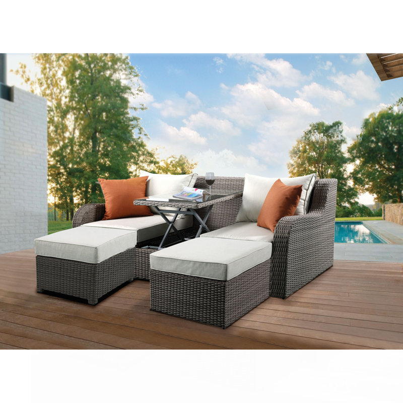 Salena Beige Fabric & Gray Wicker Patio Sofa W/2 Pillows & 2 Ottomans