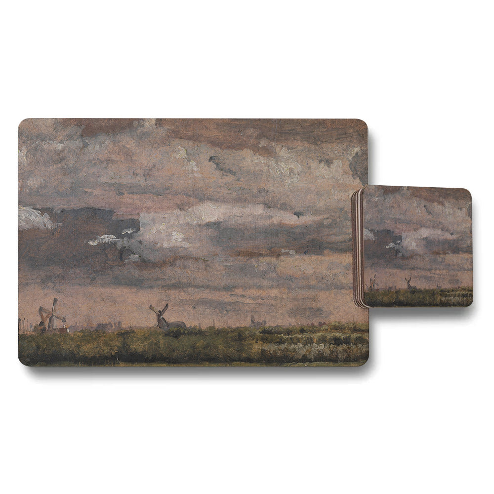 Vintage Windmill Landscape Placemats And Coasters Set Artwork