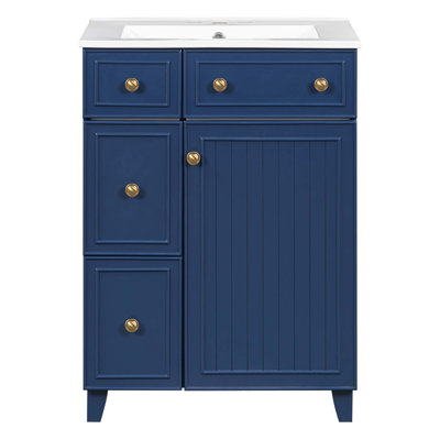 Armoire de salle de bain avec lavabo en céramique, 2 tiroirs et 1 porte