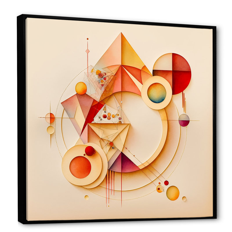 Abstrait géométrique orange et jaune II - peinture sur toile, H 36 po x l 36 po x P 1,5 po, Toile avec cadre flottant noir
