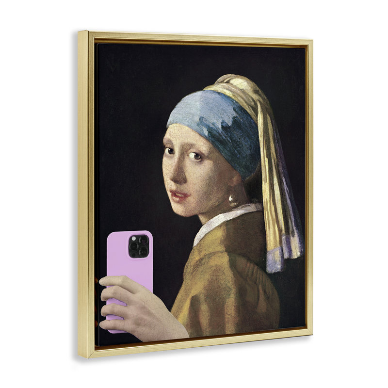 Cadre flottant fille avec téléphone, design par Master Redux, H 21 po x l 17 po, Cadre flottant métallique doré
