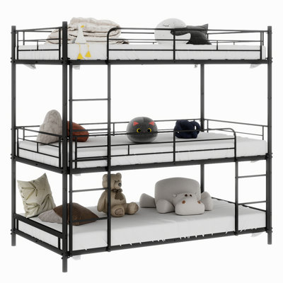 Triple Bed Frame With Built - In And Reinforced Guardrails, Black Iron, No Springs For Comfortable Sleep Comfort