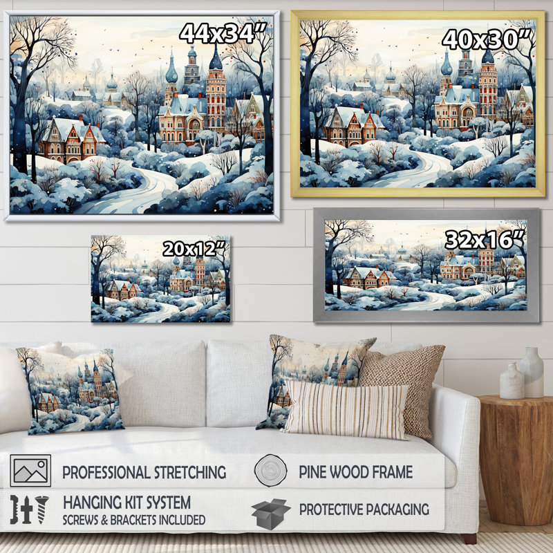 Paysage hivernal de la ville russe III - Art mural paysage d'hiver pour le salon, Cadre flottant brun
