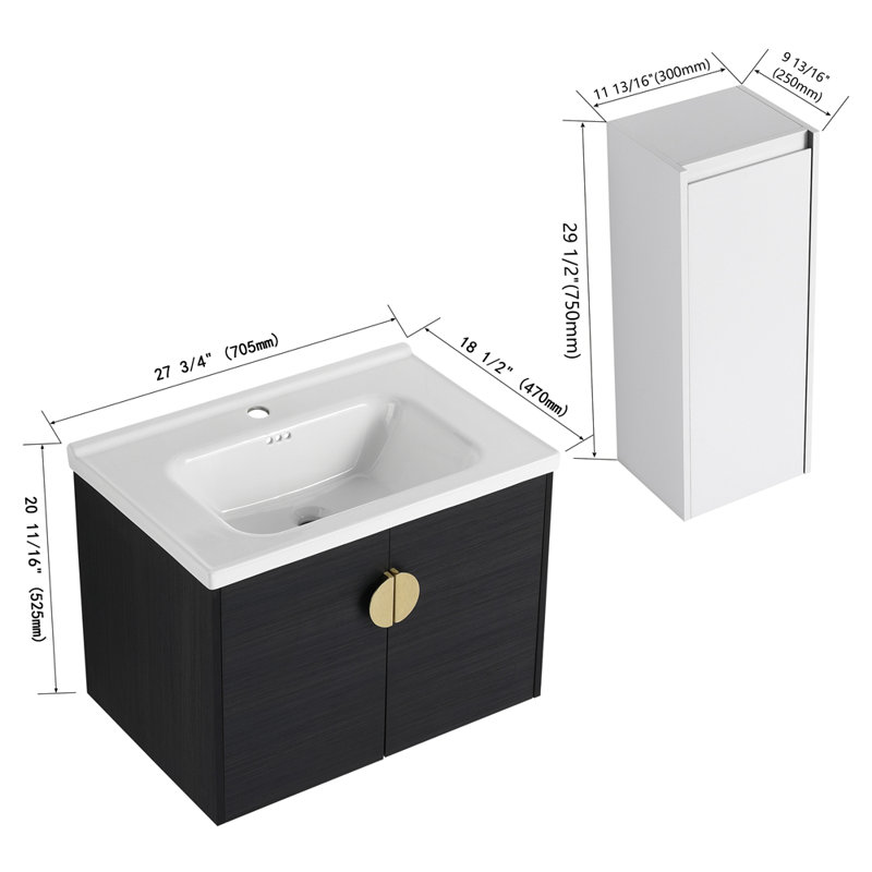 Meuble-lavabo mural 28 po avec lavabo en céramique et armoire latérale 28 po, portes à fermeture en douceur