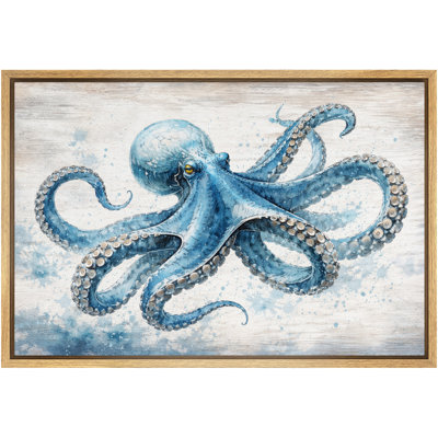 «Blue Octopus», art de la vie marine, impression sur toile encadrée