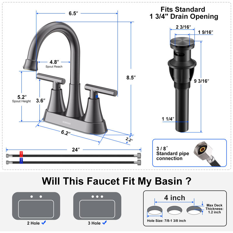 2-handle Bathroom Faucet with Drain Assembly, Brushed Gray