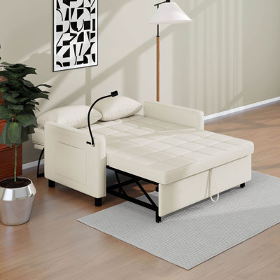 Canapé-lit convertible moderne de 56,9 po avec coussin de dossier réversible, poches latérales, deux ports USB et un support pour téléphone
