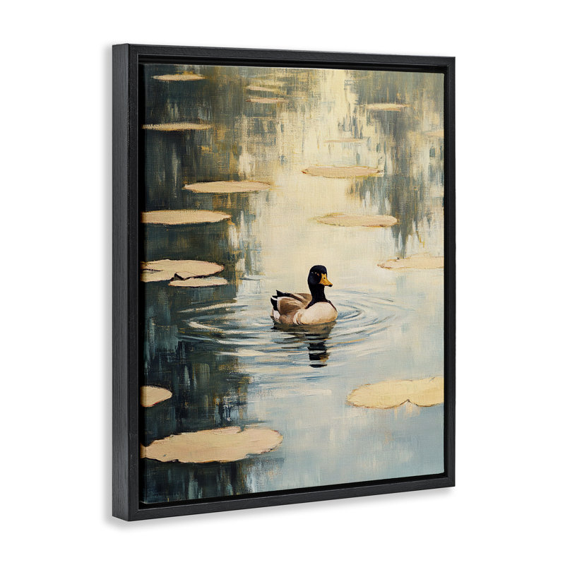 «Lily Pond Duck Floater», art mural par Franklyn Gregory, Cadre flottant noir de jais, H 21 po x l 17 po