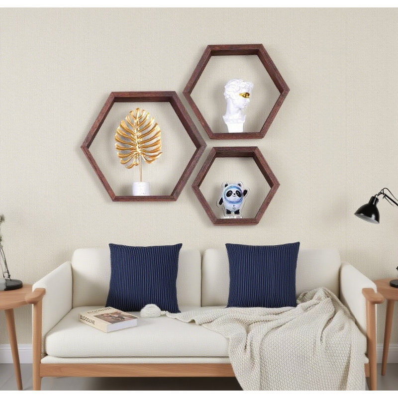 Hexagon Floating Shelves Set Of 3, Honeycomb Wall Shelves For Bathroom Kitchen Bedroom Living Room, Rustic Wood Farmhouse Storage Shelf, Wall Mounted Display Organizer